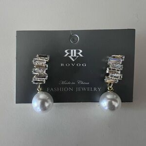 EARRINGS ROVOG Silver Fashion with Crystals and White Pearl Drop Dressy Elegant